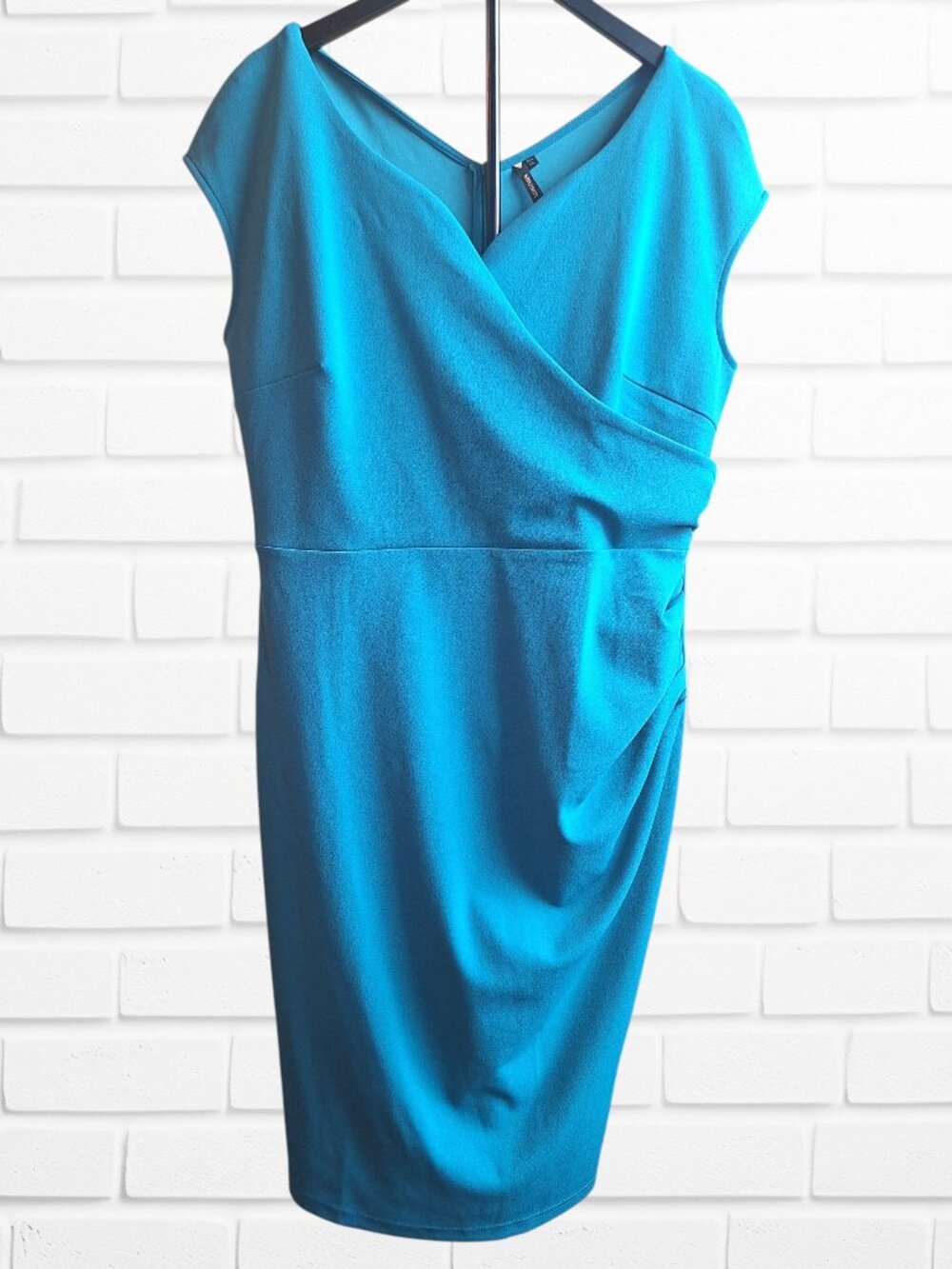 Miusol Teal Ruched Faux Wrap V-Neck Sheath Midi Dress Sz XXL Mid Century Retro